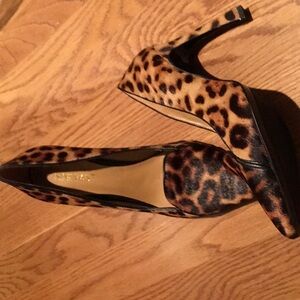 Calf hair leopard print loafer toe pump